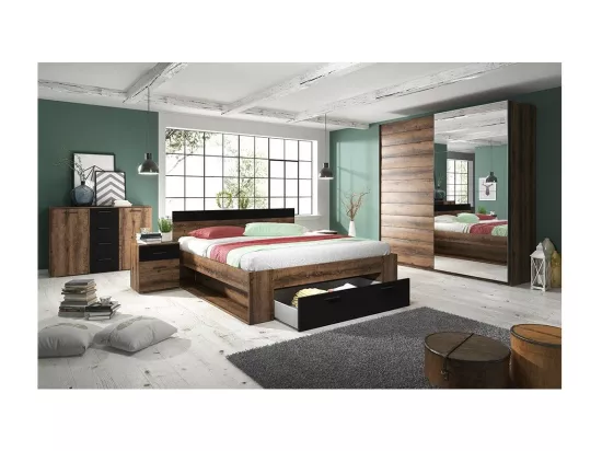 Chambre à coucher EOS : Armoire 220x210, Lit 160, commode, chevets. Couleur chêne foncé et noir