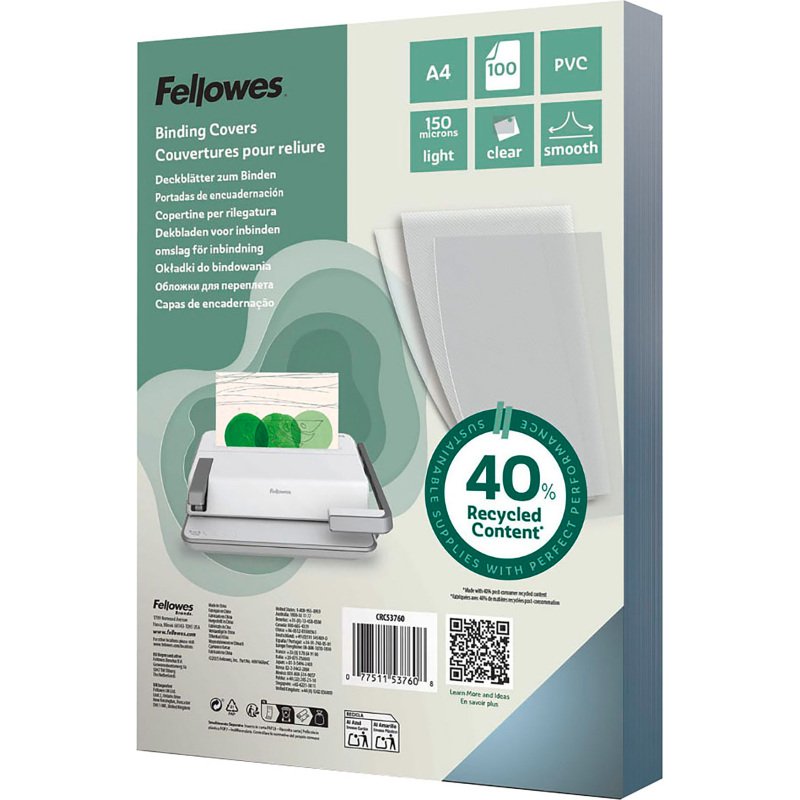 Couverture de reliure A4 FELLOWES PVC 15/100 transparente incolore - boite de 100