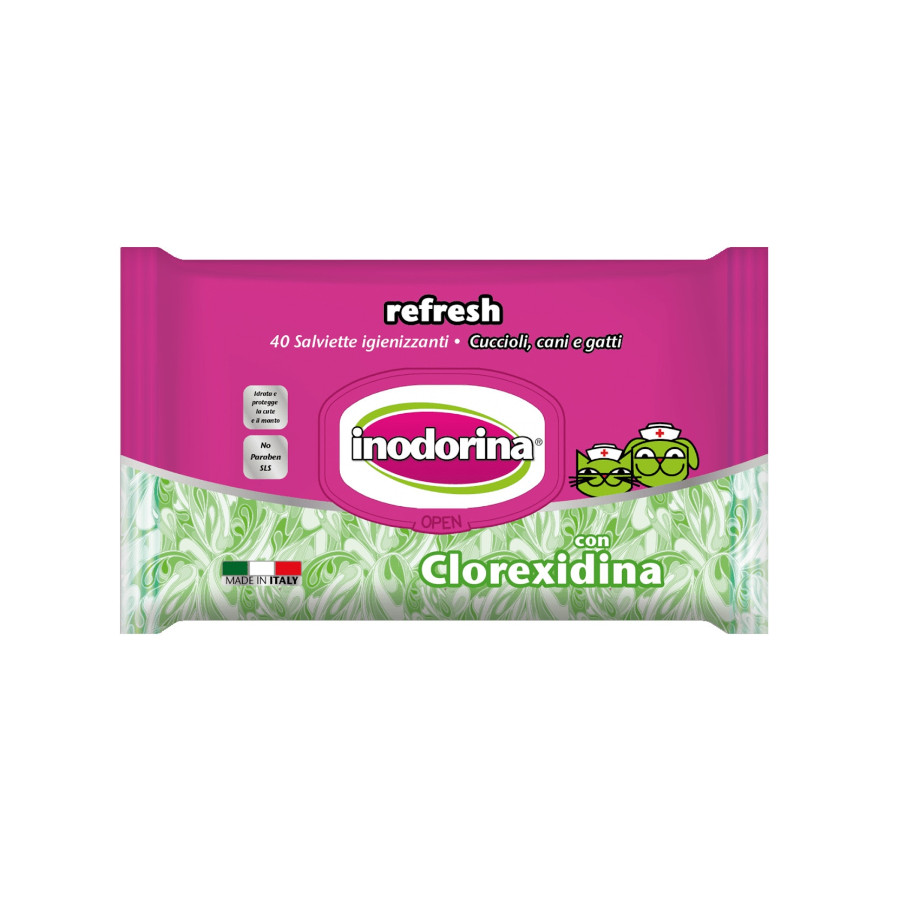 Lenços umedecidos Inodorina Refresh com clorexidina para cães e gatos.