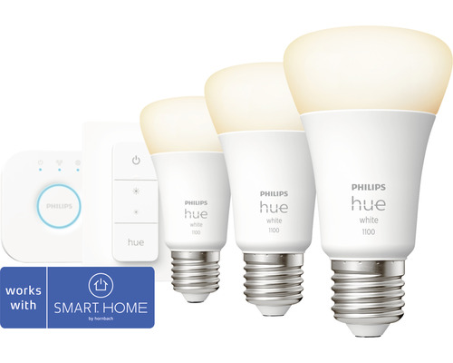 Philips Hue White Starterset 3x A60 E27/9,5W (75W) 1100 lm 2700 K incl. Bridge + Dimmer Switch - Compatibel met SMART HOME van Hornbach