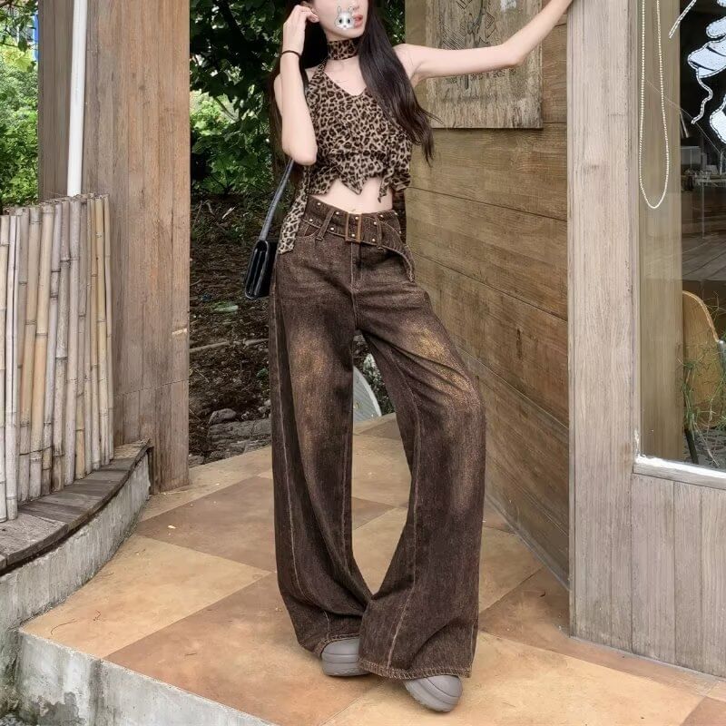 Ragistiq - Mid Waist Washed Wide Leg Jeans