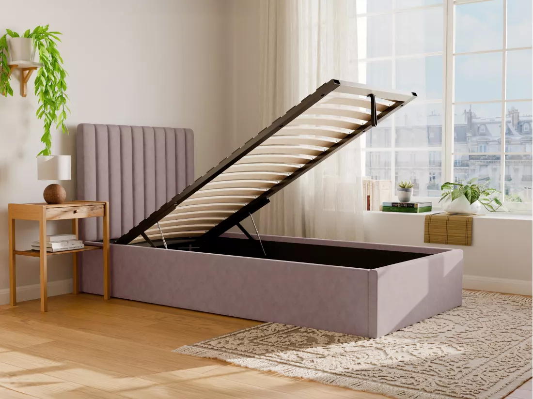 Lit coffre 90 x 190 cm avec tête de lit coutures verticales - Tissu - Rose + Matelas - SARAH