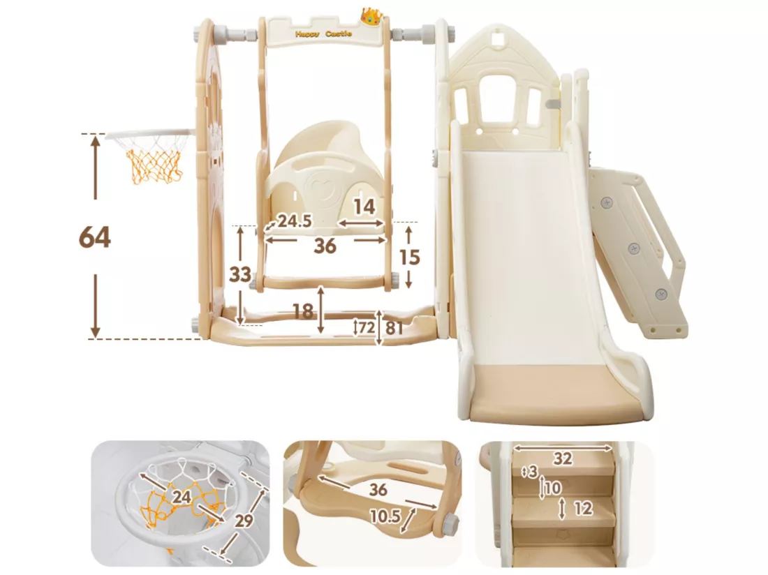 Toboggan 5 en 1 - avec escalier, balançoire, espace de rangement, panier de basket - jaune clair