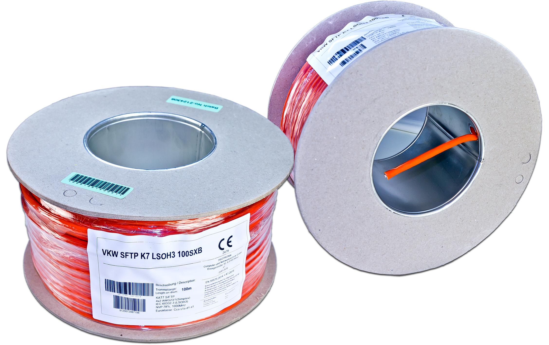 Verlegekabel VKW SFTP K7 LSOH3 Cat 7, S/FTP, 100 m, Orange<br>KAT7 Verlegekabel, S/FTP, 1000MHz, LSOH3, Single, 100m