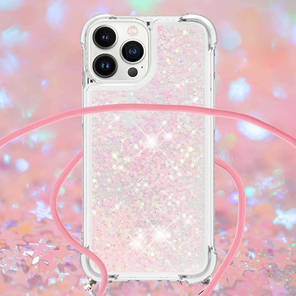 iPhone 15 Pro Max Necklace Gummi Hülle Liquid Glitzer   Handykette (130cm) - Rosa