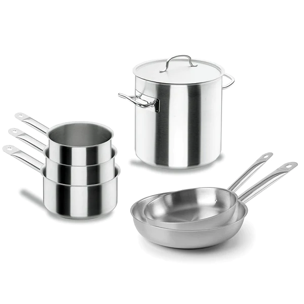 Batterie de cuisine tout inox : 3 casseroles, 2 poêles et 1 marmite Ch