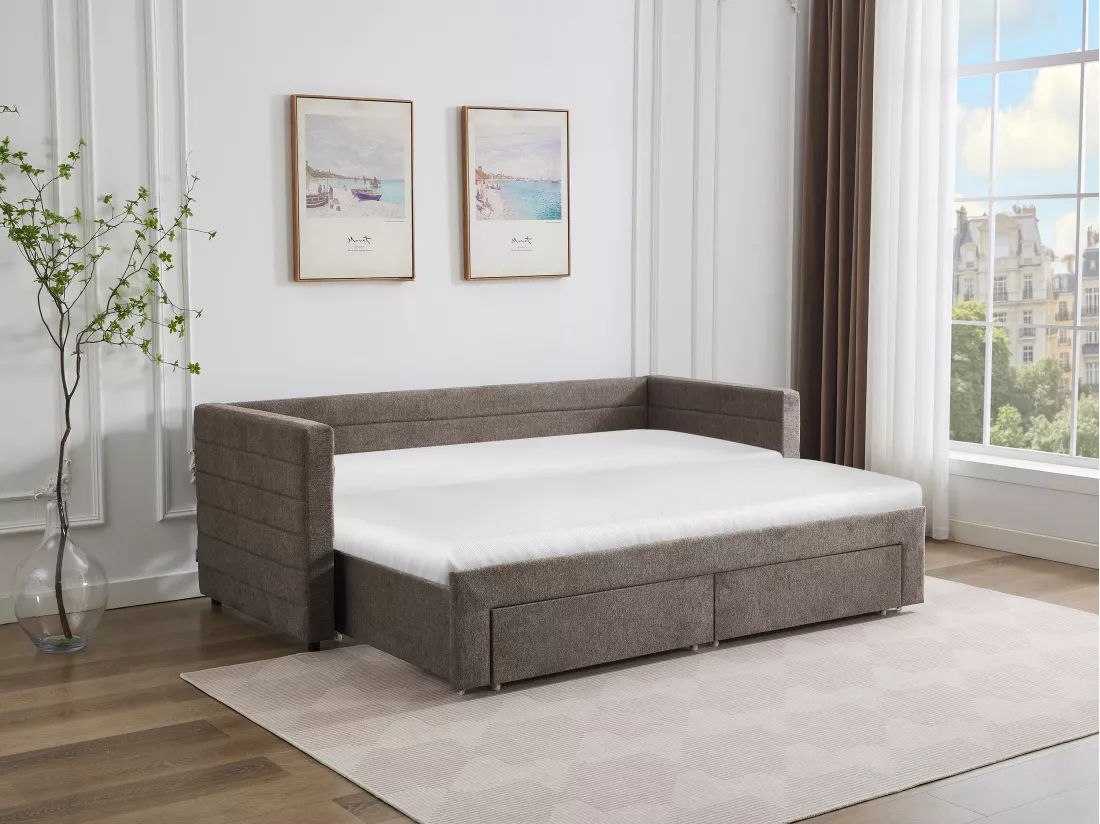 Lit gigogne 2 x 80 x 200 cm - Avec sommier peigne et tiroirs - Tissu texturé - Taupe + Matelas - CAMITY