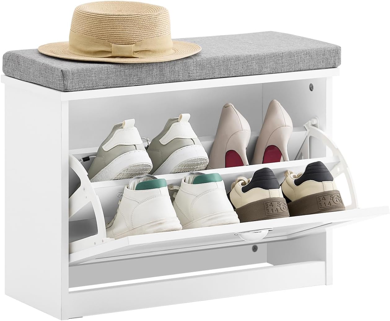 Haotian Kleine Schuhbank mit Kissen, weißes schmales Schuhregal für den Eingangsbereich, kleiner Schuhschrank mit 2 Ebenen Flip-Schublade, FSR195-K-W