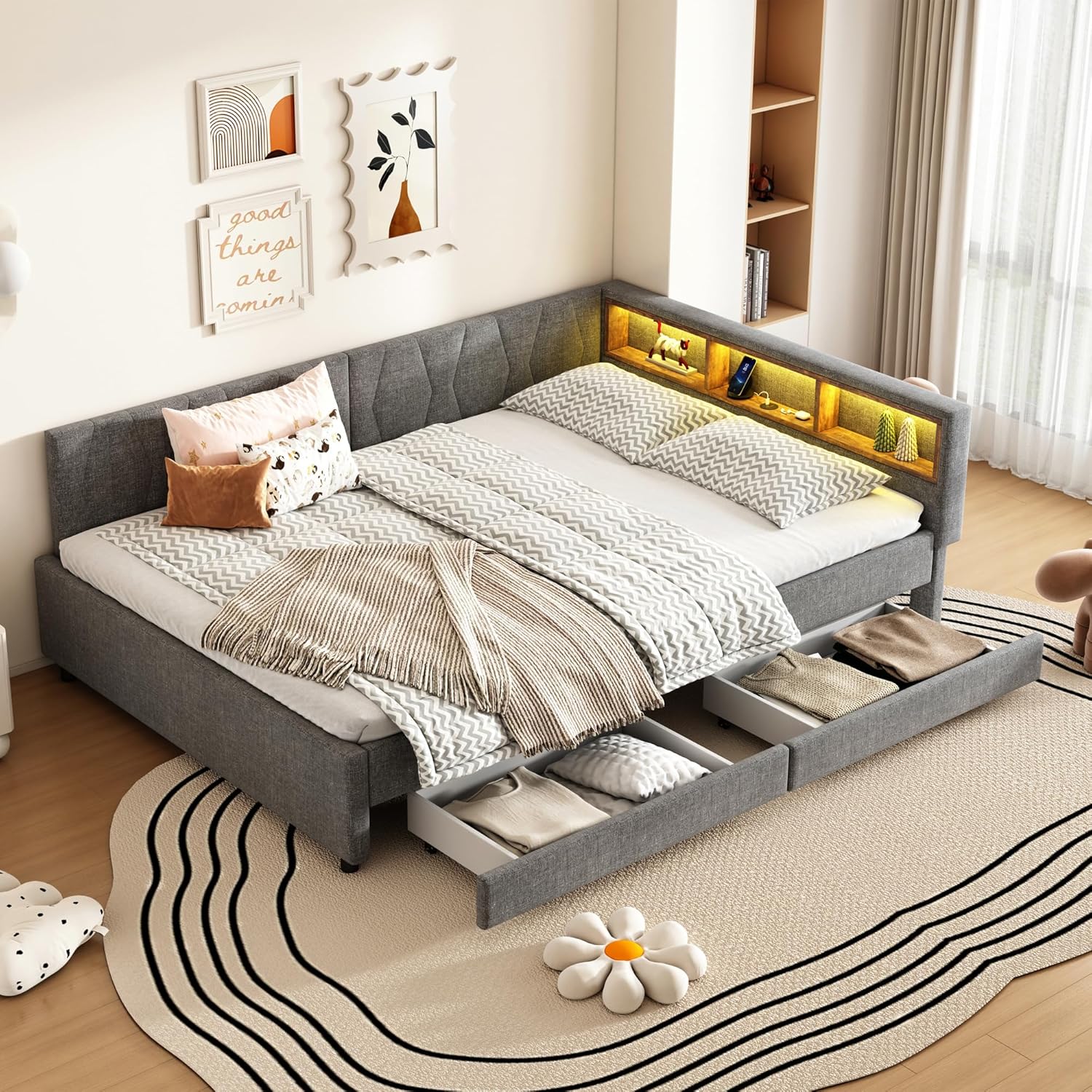 Polsterbett Schlafsofa 140x200, Doppelbett mit 2 Schubladen, Daybett mit LED Staufach, Tagesbett mit USB Typ C Ladefunktion, für Jugendliche und Erwachsene, Leinen, ohne Matratze, Grau