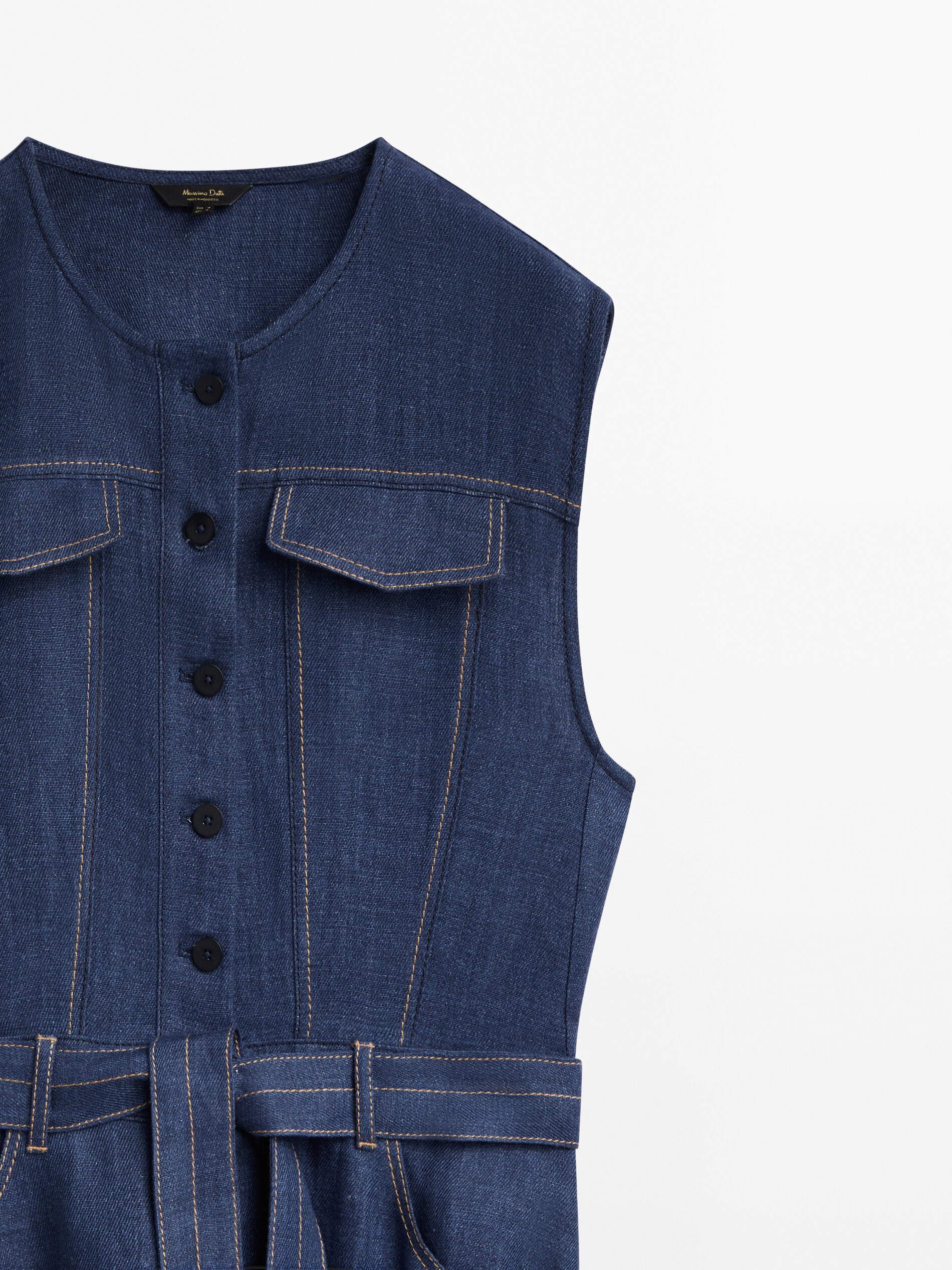 Vestido de linho sem mangas com pesponto - AZUL MÉDIO