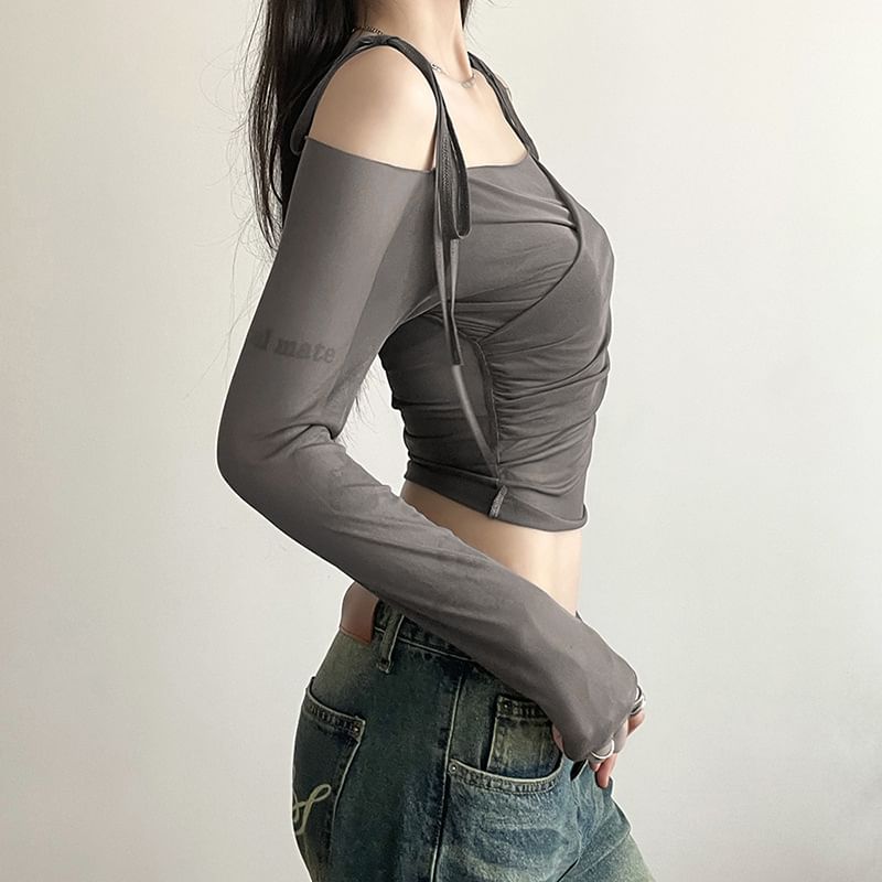 Sosana - Off-shoulder crop top met lange mouwen en strikbandjes, effen mesh