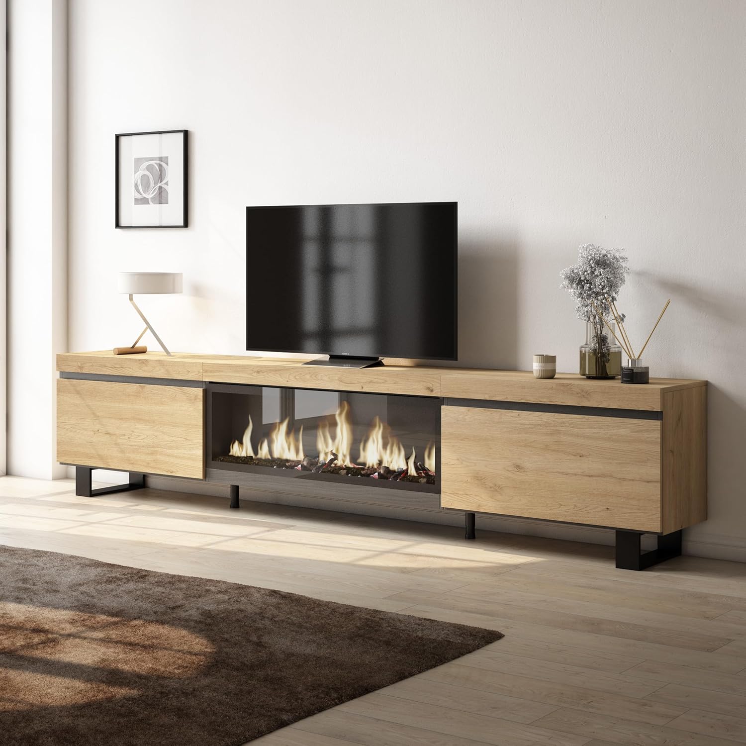Skraut Home | TV-Schrank, Lowboard | für Wohnzimmer und Esszimmer | 267x57x35 cm | Für großformatiges TV | Elektrokamin XXL | Industriedesign | Moderner Stil | Eiche