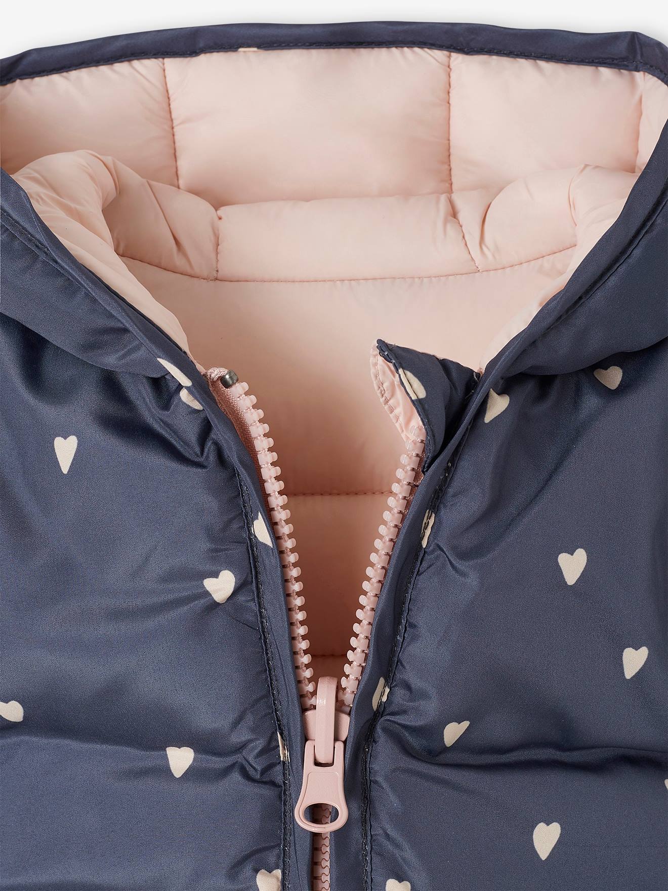 Casaco reversível acolchoado para bebê, roxo médio, liso com estampas.