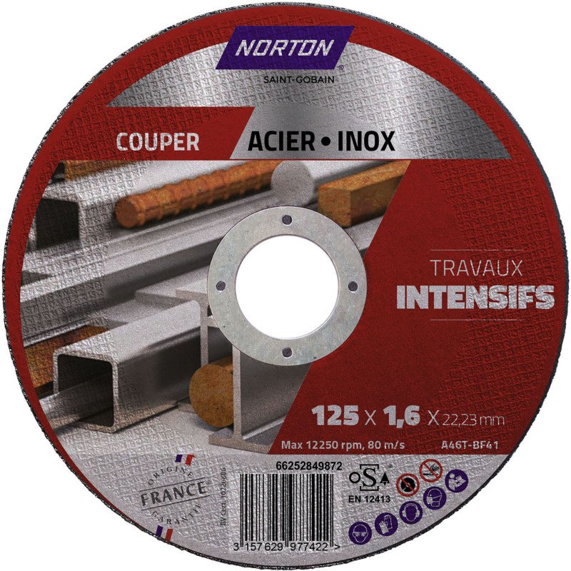 Disque à tronçonner Norton – Usage intensif acier et inox Ø 125 x 22,23 mm