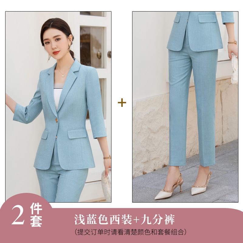 Skyheart - 3/4-mouw effen blazer met één knoop / Hoge taille rechte broek / Set