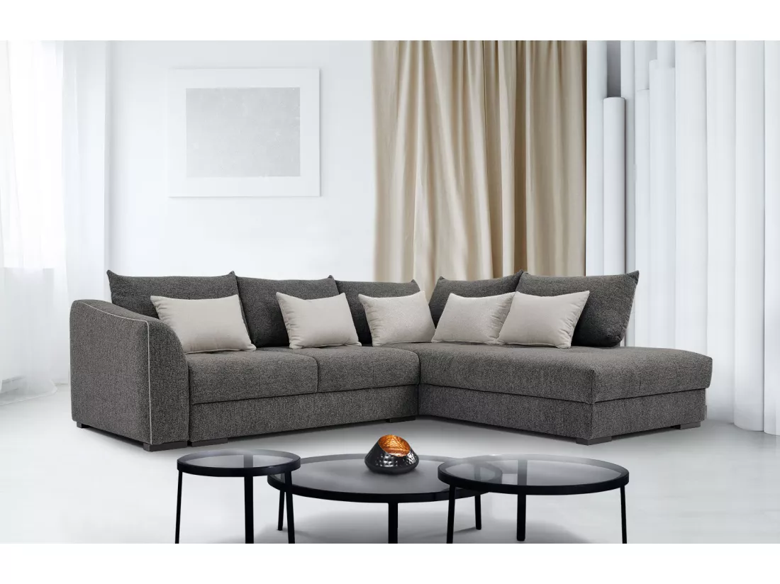 Canapé d'angle droit 5 places convertible tissu gris - Elbe