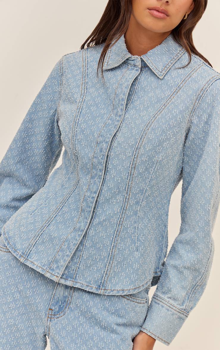 Bleu Clair Chemise En Denim Bouclé À Manches Ballon Et Taille Cintrée