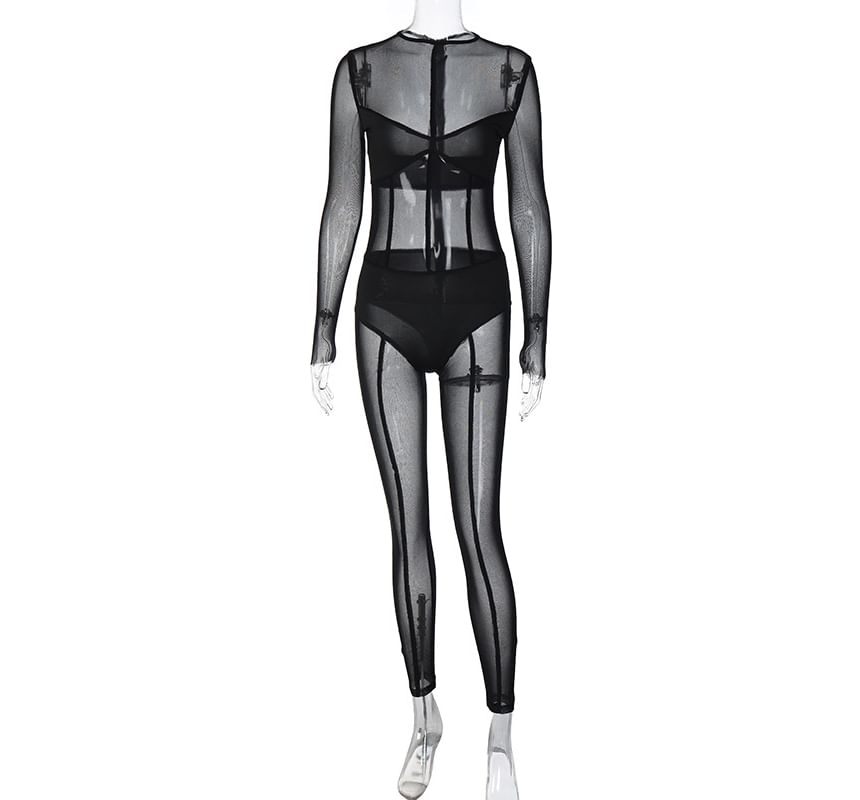 Ragom - Skinny jumpsuit met lange mouwen en een mockneck, effen mesh