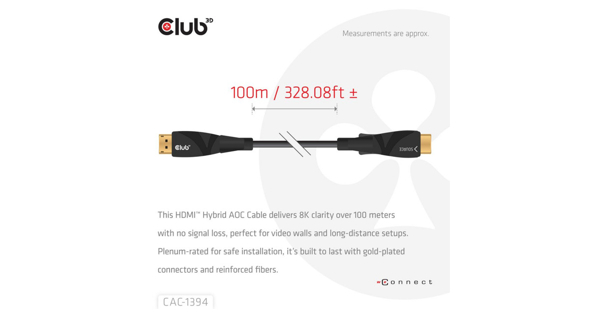 Club 3DHDMI Hybrid AOC Cable 8K60Hz/4K120Hz, 100 m kabel  (Zwart)