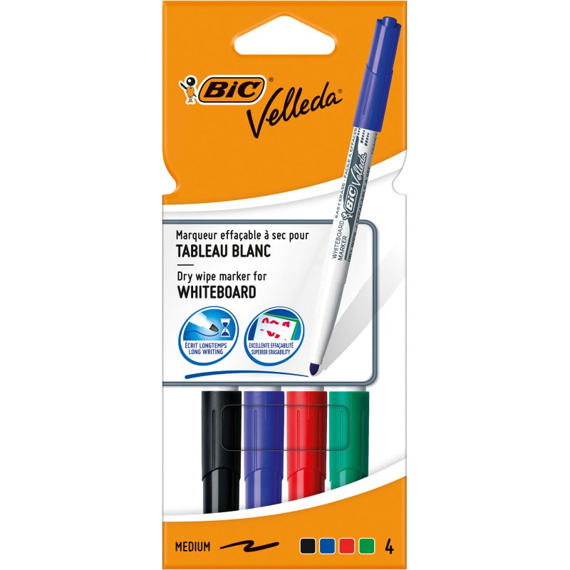 Marqueur effaçable Bic Velleda 1741 pointe ogive 2 mm - Pochette de 4 couleurs assorties