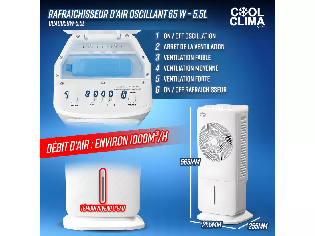 Rafraichisseur d air oscillant 65 W - 5.5L - Ventilateur - Humidificateur - Cool Clima