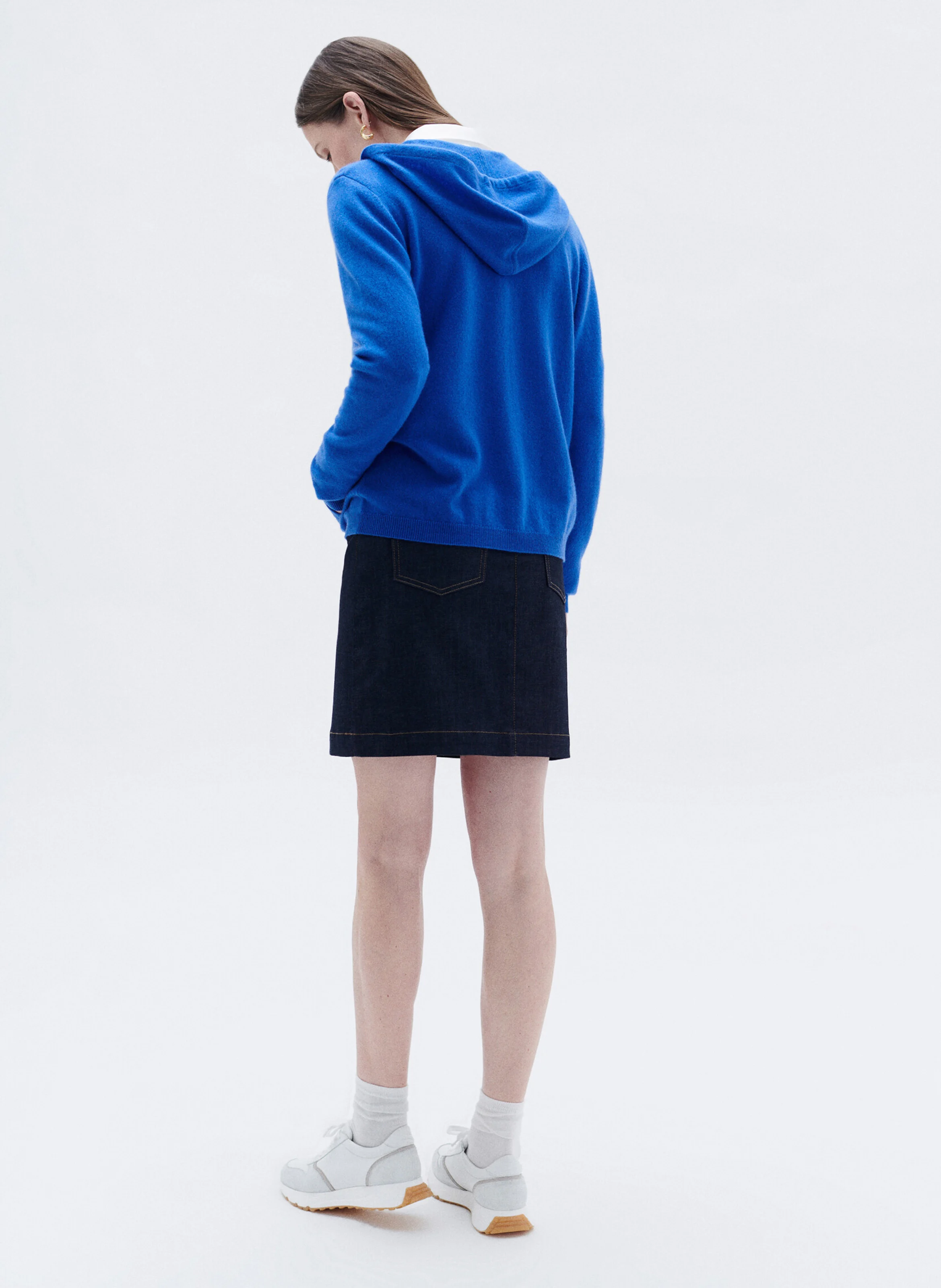 BASILA - Gilet droit à capuche en laine et cachemire | Bleu