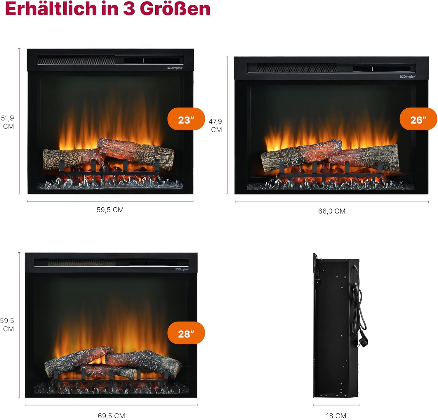Dimplex XHD 28'' Elektrokamin Einsatz - Wandkamin - Elektrokamin mit Heizung - 1400W - Kamineinsatz Elektrisch mit LED Optiflame Flammeneffekt - Zuschaltbare Heizung - Mit Fernbedienung
