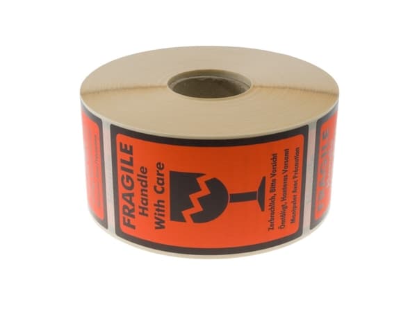 Etiket m/tekst Fragile Handle with care 120x70mm 1000stk/rul