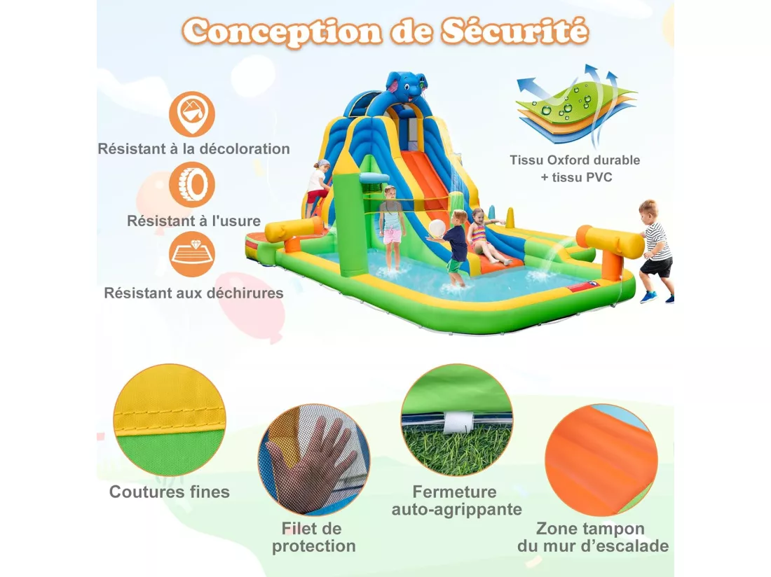 9 en 1 Château Gonflable en Forme Éléphant avec Toboggan & Mur d'escalade, Aire de Jeux Gonflable avec Piscine à Balles, Charge 90kg pour 3-4 Enfants de 3-10 Ans, 378x469x250CM