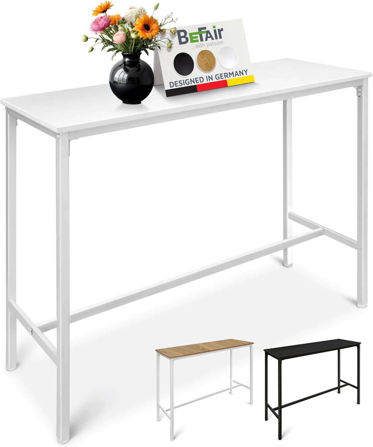 BeFair Bartisch Sven – Moderner Hochtisch 120x40x100 cm, Stehtisch mit Metallgestell für Küche, Hausbar, Partykeller & Gastronomie, Industrial Design, Weiß UP2040642