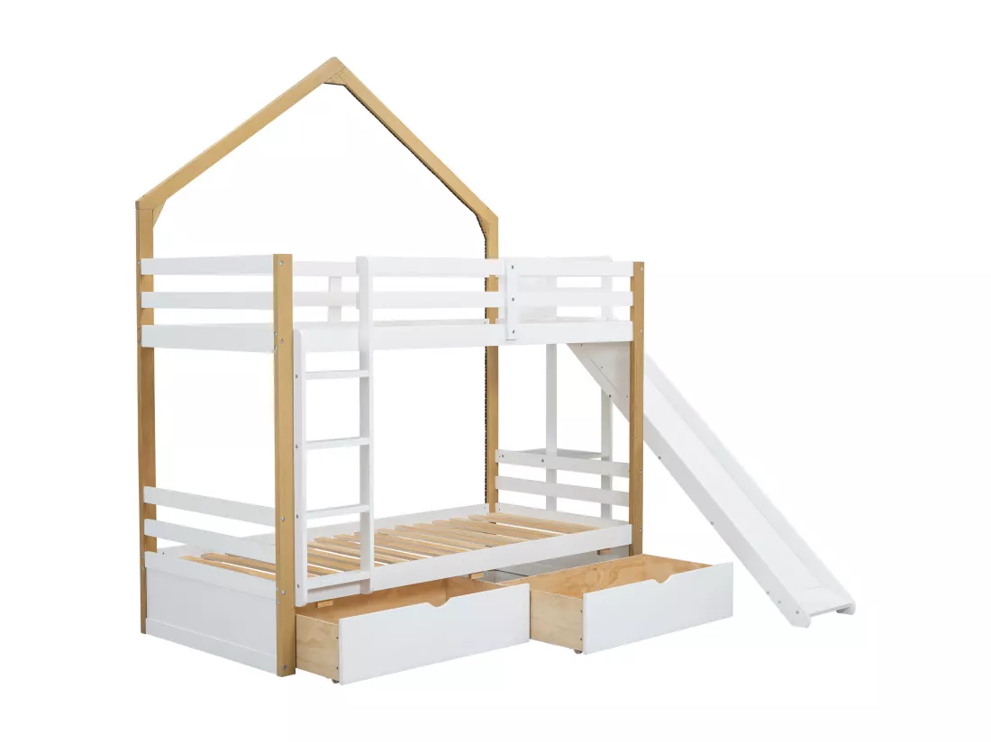 Lit superposé 90x200 cm - en bois de pin et MDF - avec LED, 2 tiroirs, échelle et toboggan - Blanc