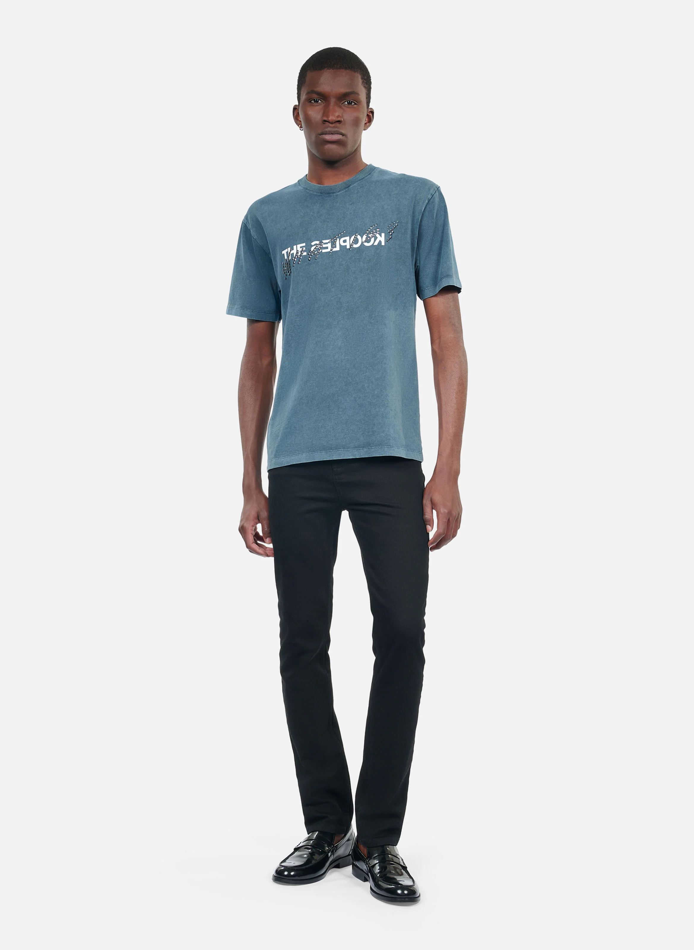 Tee-shirt col rond droit en coton sérigraphié | Bleu