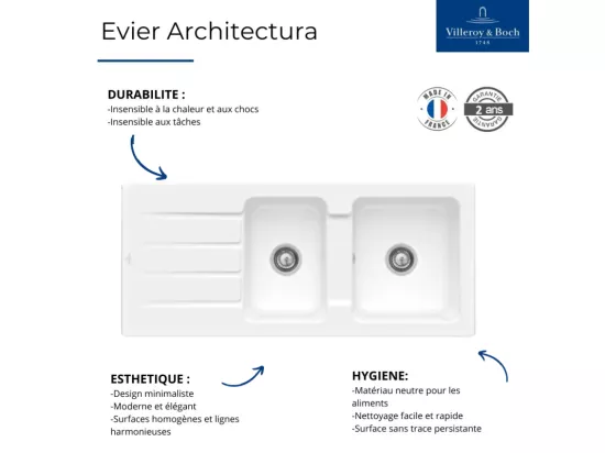 Evier 116 x 51 cm VILLEROY ET BOCH Architectura 80 Blanc vidage automatique inclus