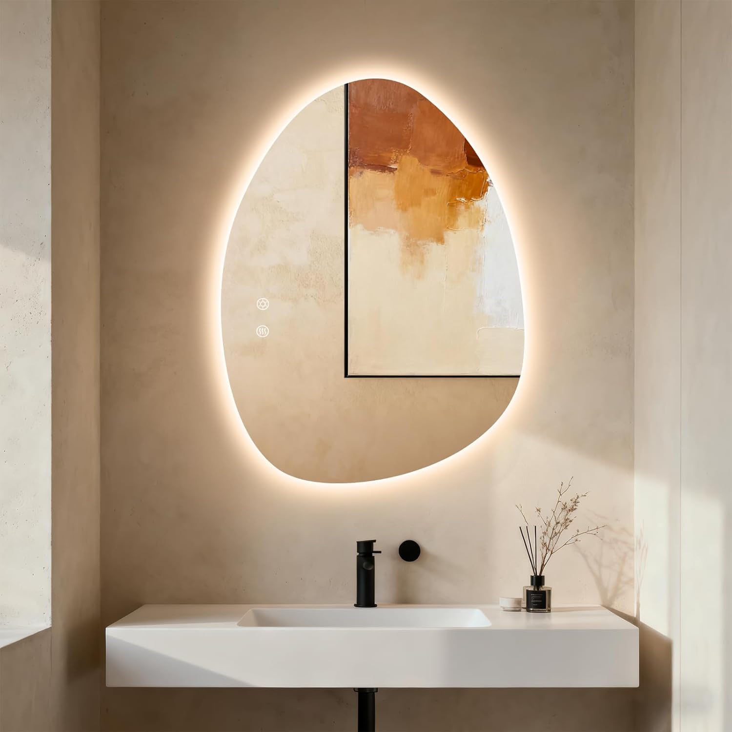 Clevich Badspiegel mit Beleuchtung Asymmetrisch 80×60 cm, LED Spiegel mit 3 Lichtfarben dimmbar, gehärtetes Glas, Touch-Schalter, Memory-Funktion, beschlagfrei, moderner Badezimmerspiegel mit Licht