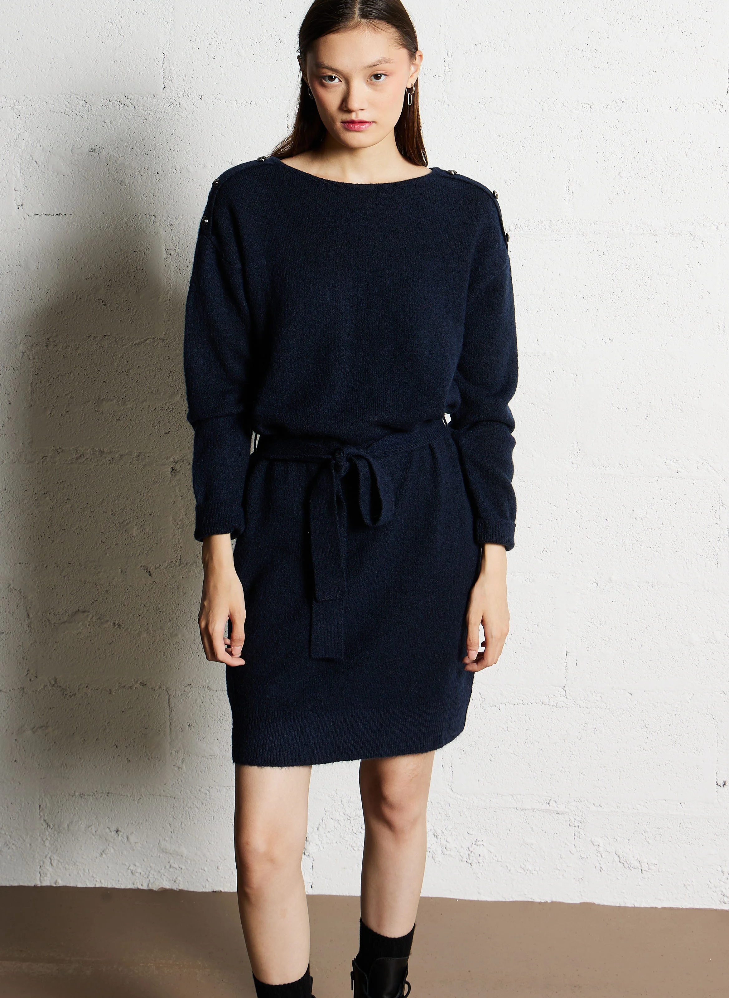 TORTANQ - Robe pull courte ceinturée| Bleu