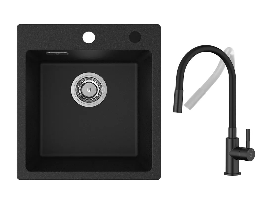 Evier de Cuisine en Quartz et Résine 40x45cm Evier Quartz 1 Bac Noir + Flexible Mitigeur de Cuisine, 2 Types de Jets Robinet Extractible Noir