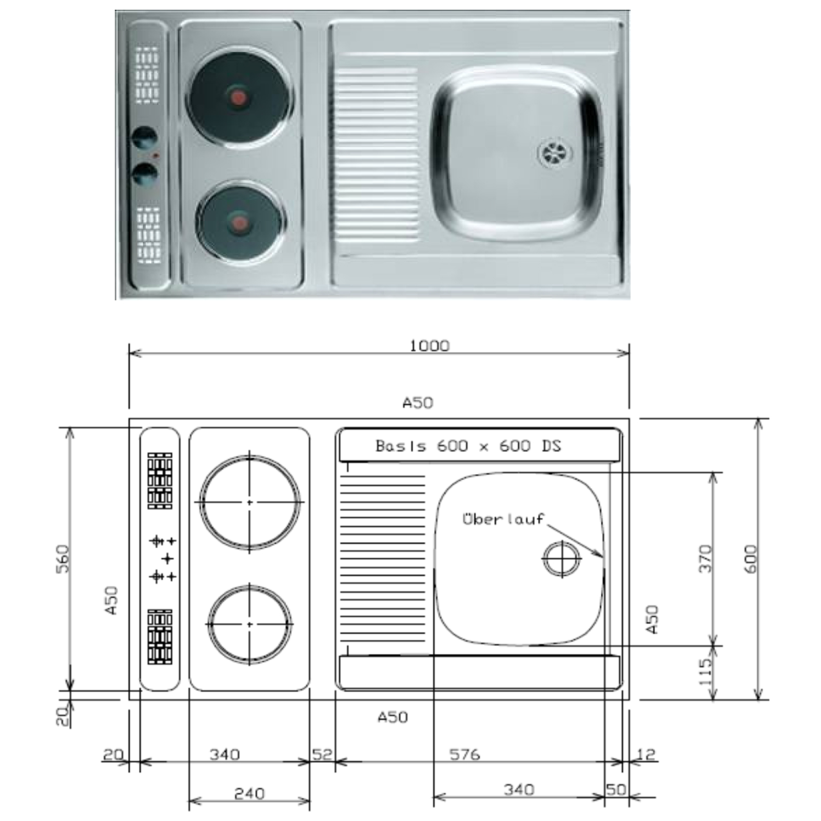Single-Küche - weiß - mit Kühlschrank - mit E-Geräten - 100 cm