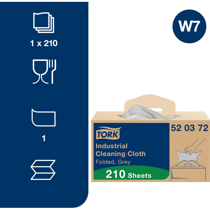Chiffons de nettoyage Industriel gris W7, distribution feuille à feuille, boîte de 210 chiffons, Tork