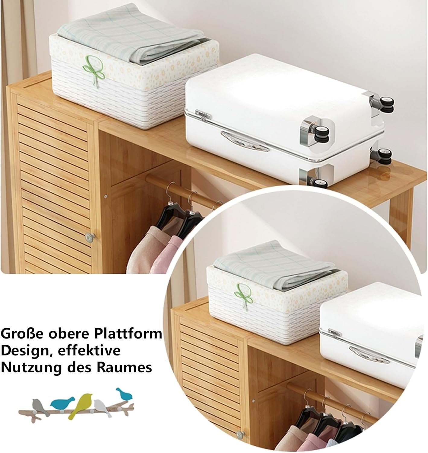 WAOHO Bambus Halboffener Kleiderständer，Garderobenständer aus Bambus，Kleideraufbewahrung mit Kleiderstange， Mit 2 Schränken, Stauraum，freistehende Garderobenständer 165X100X30CM (Natur)