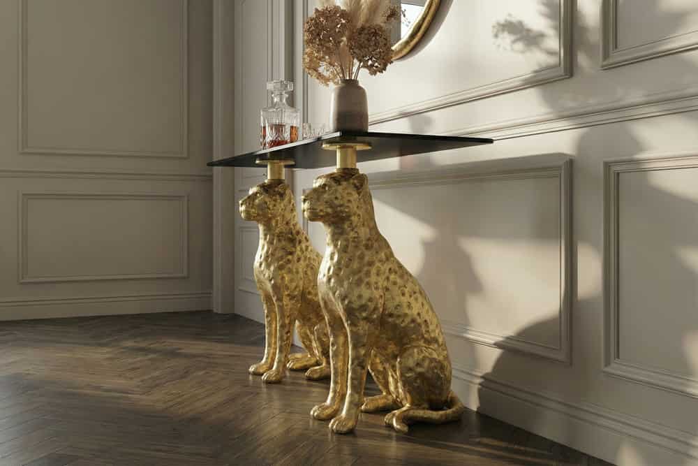 Freistehender Konsolentisch PANTHER 115cm gold Metall mit Marmor-Platte handmade
