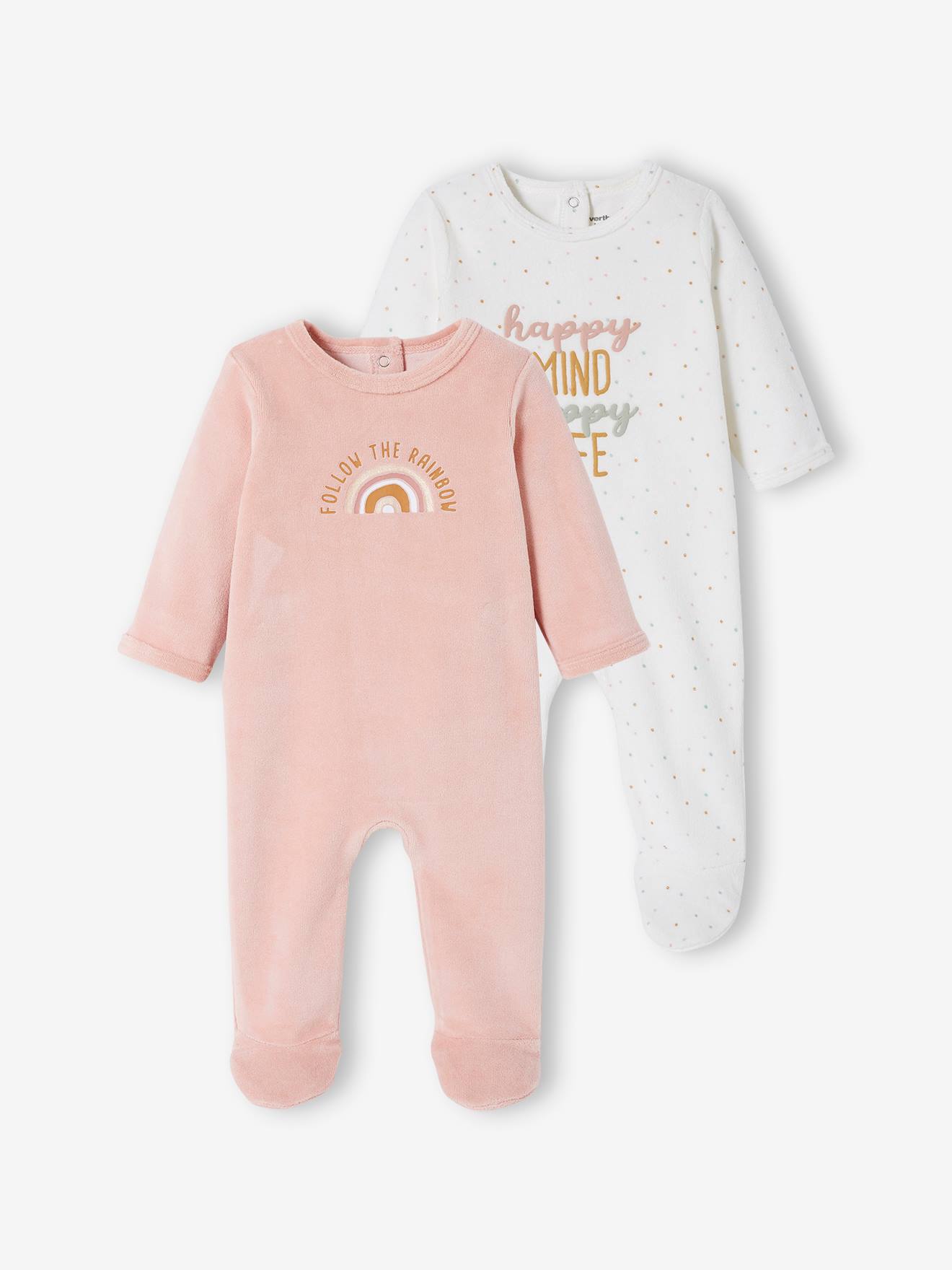 Conjunto de 2 macacões para bebê menina em veludo bicolor rosa claro/multicolorido