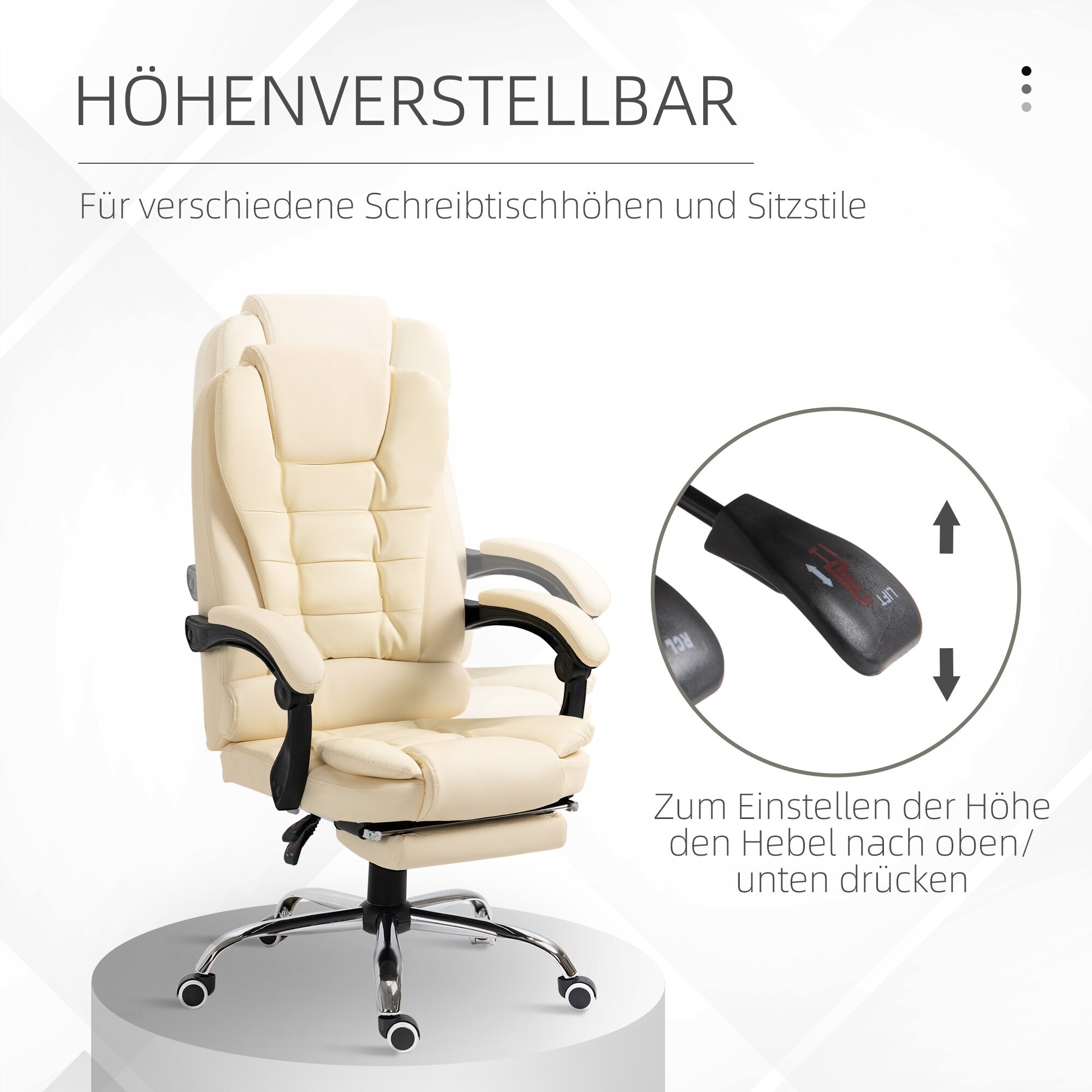 HOMCOM Bürostuhl mit Fußstütze und gepolsterter Armlehnen weiß 64,5L x 69B x 109-117H cm
