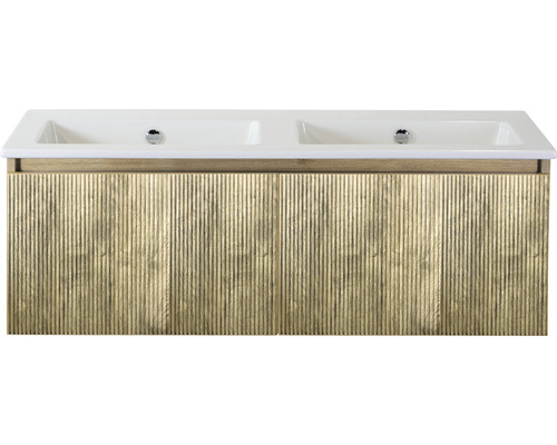 2-delige badkamermeubelset, dubbele wastafel Sanox Frozen 3D, BxHxD 121 x 42 x 46 cm, frontkleur Frans eiken, met witte keramische wastafel, 75740563