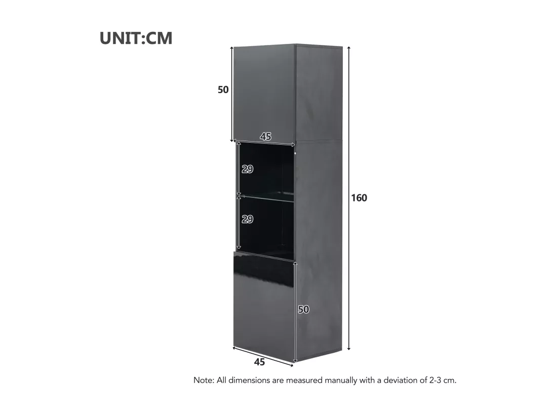 Vitrine 45x35x160cm - avec 2 ports - avec éclairage LED - 1 étagère en verre - noir