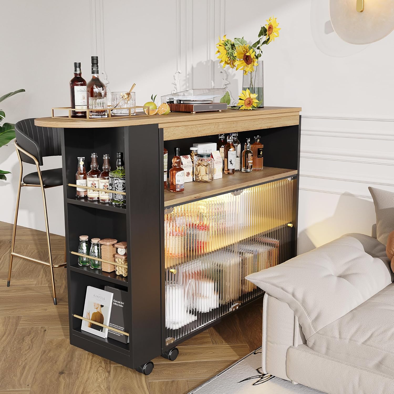 Bartisch Klappbar mit Stauraum, Bartisch Küche mit LED, Moderner Beweglicher Bar Tisch, Bar Table, Hochtisch, Kücheninsel, Küchentheke, Stehtisch Bistrotisch, (138-204×39×105cm), Schwarz
