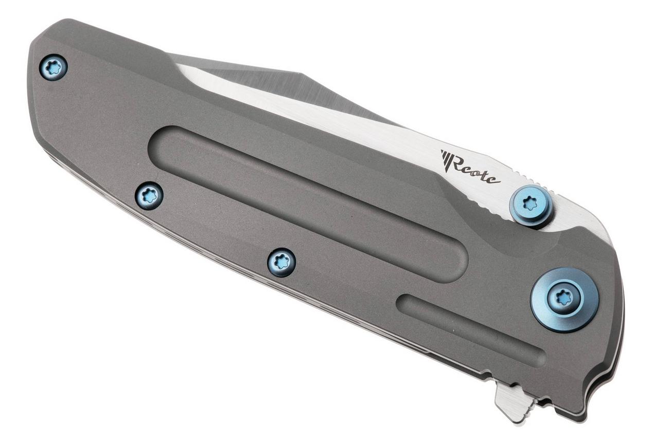 Reate District 9 V2, 9DV2-BE-SAT-TI-BLU, Satin 154CM, Bead Blasted Titanium, Blue Hardware zakmes