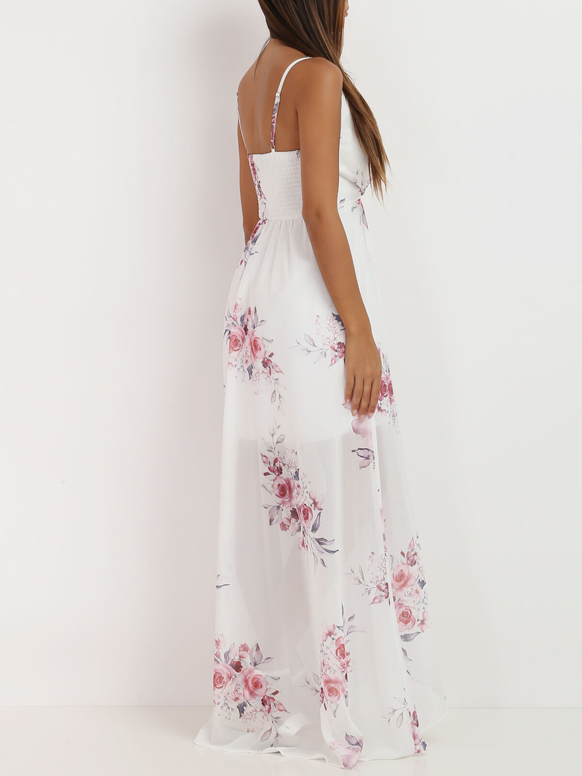 Robe longue fendue à fleurs romantiques- Blanc