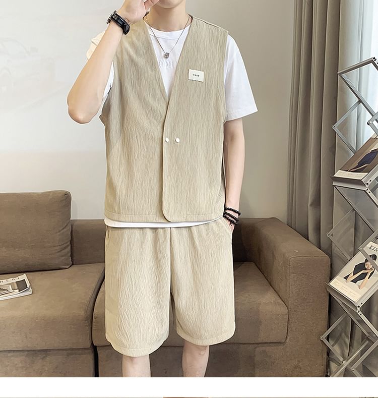 Cowpow - Set: V-hals effen dubbelrijs vest + shorts met trekkoord in de taille