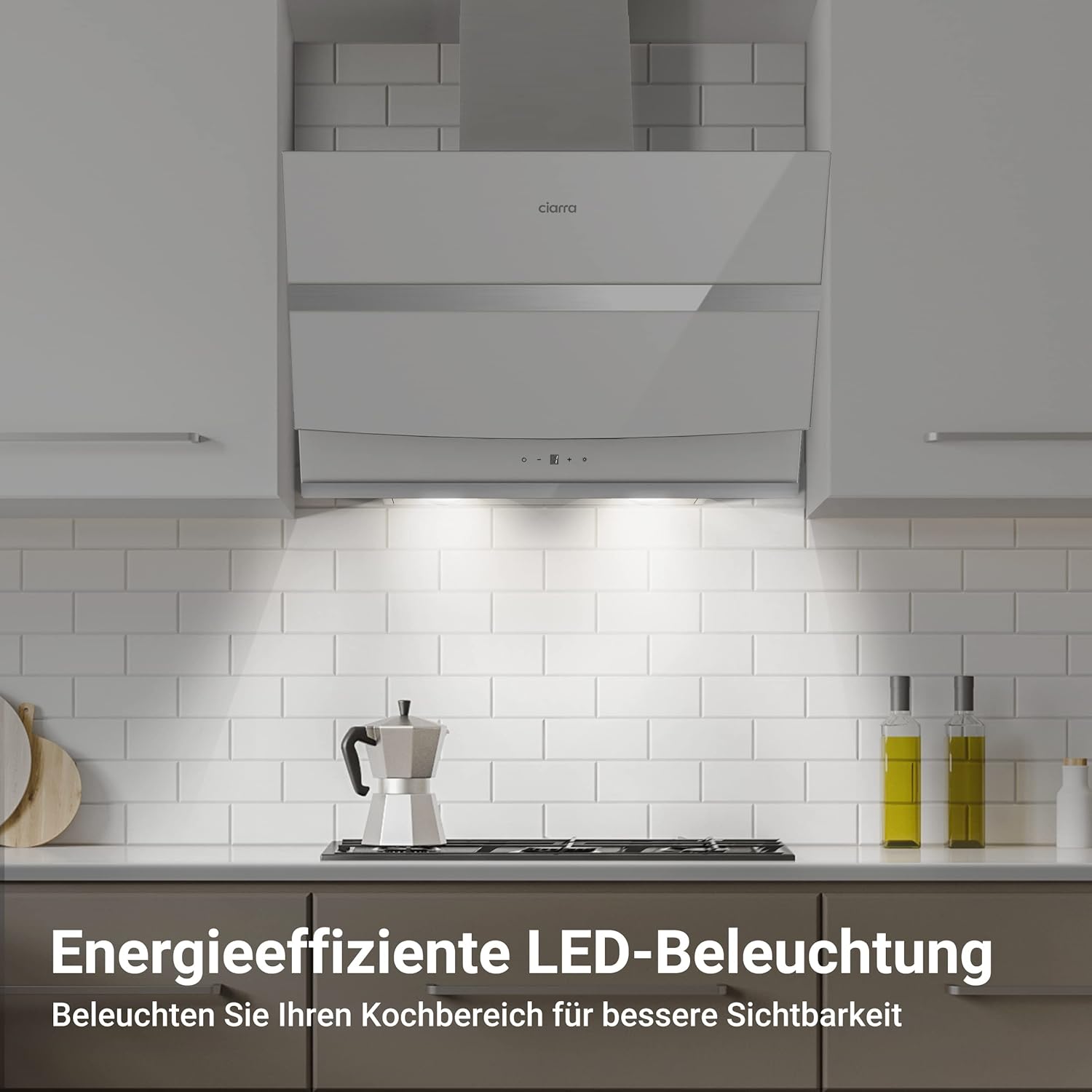 CIARRA A+++ ASW6736N Dunstabzugshaube 60 cm Umluft Abluft 650 m³/h App Gesteuert Touch-Bedienung Kopffreie Schräghaube 3 Stufen Booster CBCF003 Aktivkohlefilter Edelstahl Glas Weiß