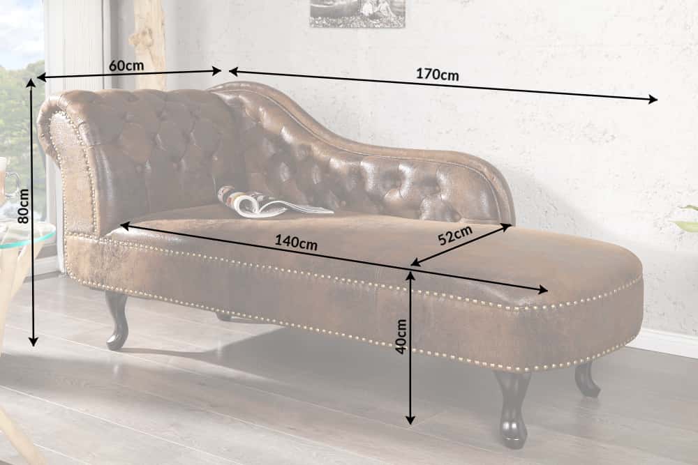 Chesterfield Récamière 170cm antik braun mit Knopfheftung und Nietenbesatz